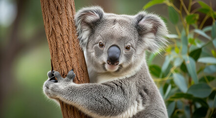 A cute koala close up portrait with a peaceful expression, hugging a tree trunk in a natural Australian wildlife setting with green foliage and a blurred bokeh background.