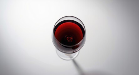 Overhead perspective of a wine glass with red wine on a white background