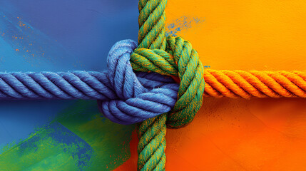 Fototapeta premium Colorful ropes tied in a tight knot symbolizing unity and teamwork.