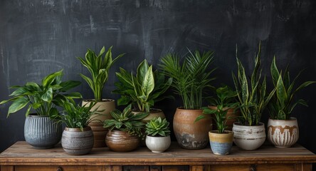 Fototapeta premium Natural houseplants displayed in flowerpots on a wooden table with blackboard setting perfect for event decoration