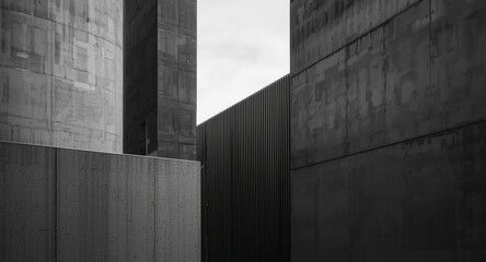 Black and white compositions of cityscapes highlighting strong geometry and matte textures of steel and concrete