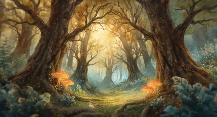 Fototapeta premium Watercolor depiction of an enchanted forest with magical trees and luminous mushrooms in a creative mood