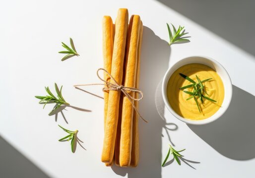A bundle of breadsticks tied with twine next to a bowl of hummus on a white table with rosemary leaves scattered around