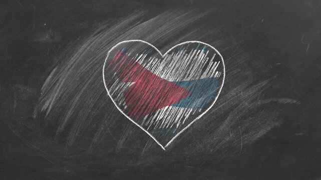 National flag of Cuba in heart shape  drawn with colored chalk on a blackboard.