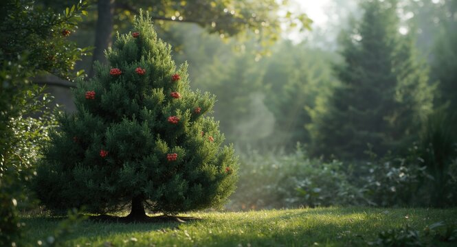 Evergreen Taxus baccata covered with red berry fruits in natural habitat