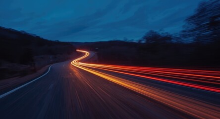 Road at dusk showing car light trails and motion blur plus generous copy space for text
