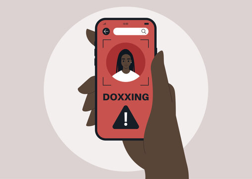 A hand holds a mobile phone displaying a striking doxxing profile, Bright red alert symbols emphasize the dangers of privacy invasion in the digital world, Awareness grows about personal safety.