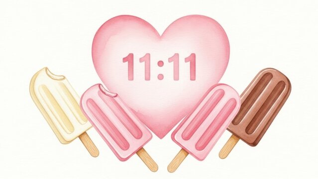 Watercolor illustration of popsicles heart and number 1111