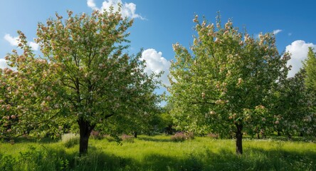 Obraz premium Wild apple and cherry trees showcasing vibrant foliage in a forest steppe area