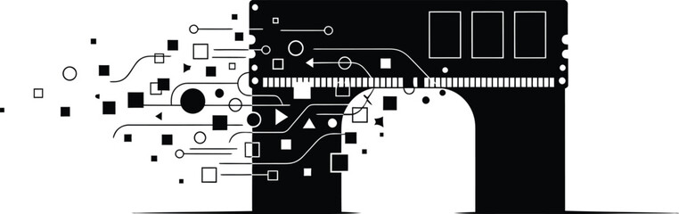 Naklejka premium Stylized RAM stick silhouette acting as a gateway with abstract data elements passing through it, a clean white background