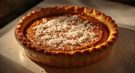 Savory pumpkin pie topped with sugar flakes on a white display surface
