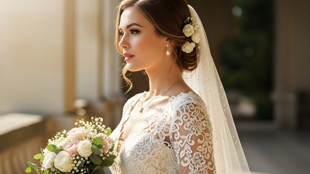 Elegant side profile of a bride in a lace wedding dress featuring a white floral hairpiece and veil, holding a bouquet in a soft daylight setting.