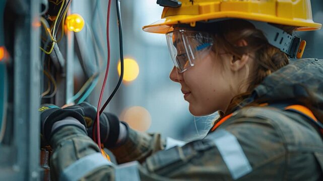 A skilled technician, dressed in safety gear including a hard hat and protective goggles, diligently repairs electrical connections at a busy construction site as afternoon sunlight fades