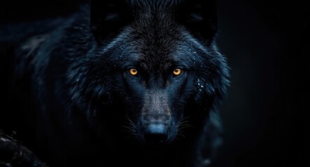 Carnivorous black wolf with glowing eyes and wet fur in darkness