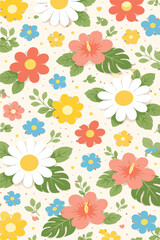 Tropical_Garden_White_Daisy_and_Hibiscus_Floral_Seamless_Pattern
