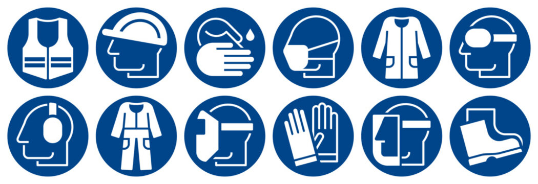 Mandatory sign set, Protective workwear icons, Safety work equipment and protective clothing, Construction safety labels