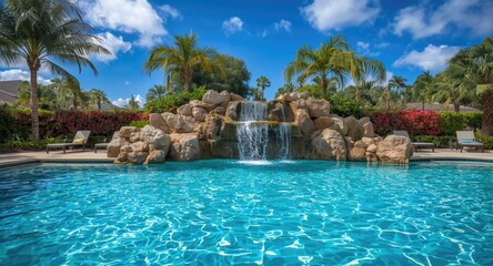 peaceful swimming pool featuring a central flowing waterfall scene