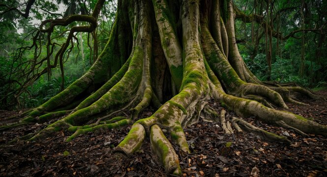 Underside angle of banyan tree roots with earth and moss