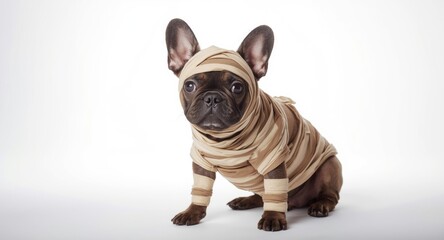French bulldog dressed as a mummy with Halloween theme on white studio background