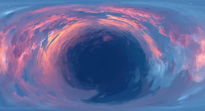 Glowing abstract objects in spherical HDRI panorama with illuminated sky backdrop