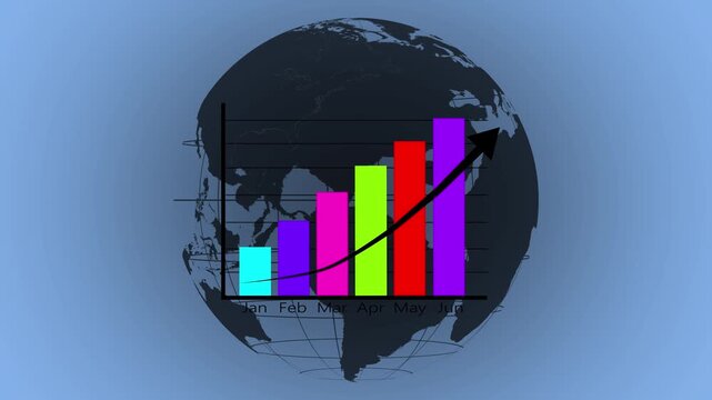 Global business growth chart with rising arrow and bar graph overlay on Earth animated, Global business growth Chart with Upward Trend Arrow and World Map Overlay graph data animation.