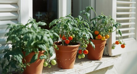 Fototapeta premium Summer white windowsill garden on balcony with brown pots cultivating fresh cherry tomatoes