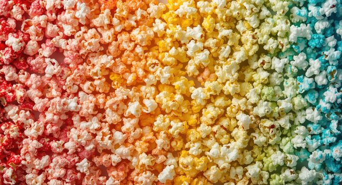 Variety of popcorn flavors arranged in a colorful spectrum gradient on white for snack ads