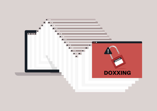Multiple laptop windows are stacked in a cascade, displaying important warnings about doxxing and online privacy risks in a tech-savvy workspace setting