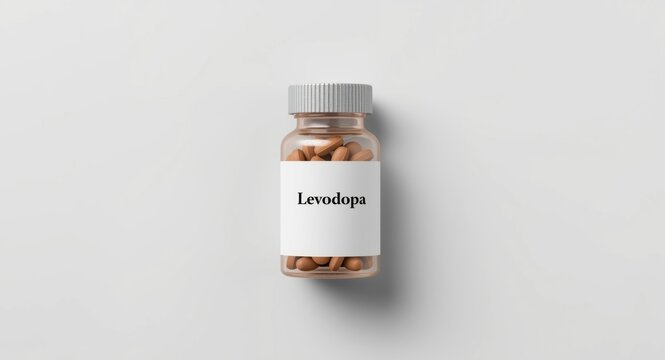 Levodopa tablets inside a bottle seen from top with designated copy space