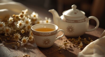 Fototapeta premium A cup and pot showcasing fragrant chamomile herbal tea for calm moments