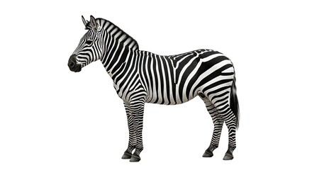 Fototapeta premium A zebra stands in profile against a white background. The striped equine animal is in a neutral pose.