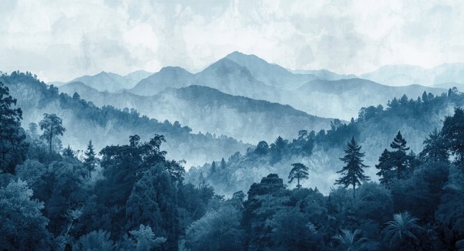 Monochrome blue mural wallpaper with mountain view and textured watercolor forest and jungle background