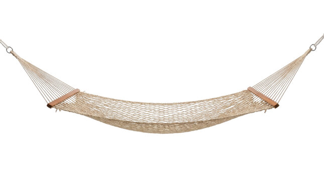 A woven beige hammock with wooden ends is suspended against a black background, suggesting a space for relaxation and leisure.