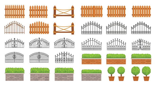 Collection of colorful garden fences gates and ornamental bushes