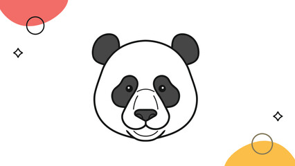 Fototapeta premium Cute panda face illustration with large black patches around the eyes and ears on a background with colorful shapes.