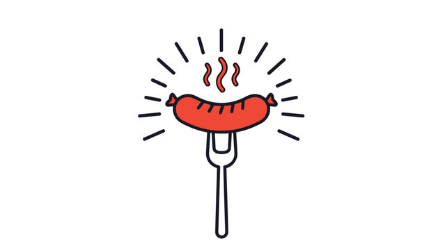 Grilled red sausage served on a fork with steam lines indicating a hot and delicious snack, breakfast item, or barbecue meal.