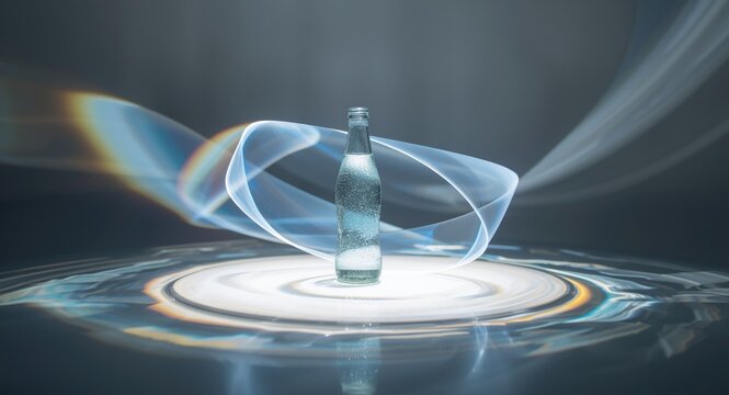 Light bending producing caustic shapes around a soda bottle on an illuminated platform
