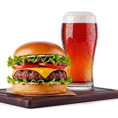 Juicy cheeseburger with lettuce and pint of cold beer on wooden board isolated on white
