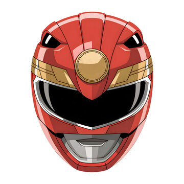Red Helmet Glossy Visor Gold Accents Futuristic Superhero Style