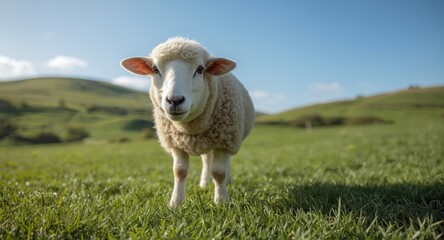Fototapeta premium Smiling pet sheep grazing and exploring a green grassy lawn with layered hills behind on a sunny summer day full length