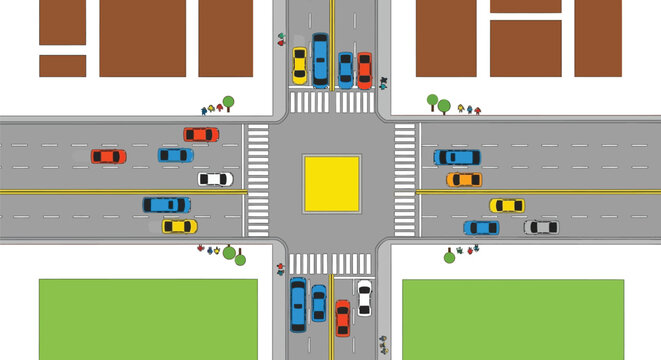 Top down view of a city intersection with cars and pedestrian crossings