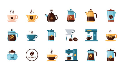 Large set of colorful coffee related icons including cups, pots, machines, and beans on a white background.