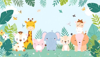 Naklejka premium Delightful illustration of cartoon animals including a giraffe, elephant, lion, and zebra amidst lush greenery
