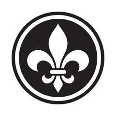 A black and white circular emblem features a stylized fleur de lis design © MSTASIA