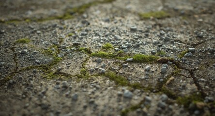 Textured old concrete surface with lively moss colors and numerous tiny gray rocks