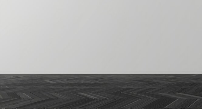 Mockup copy space featuring a black parquet floor and gray kitchen set without people