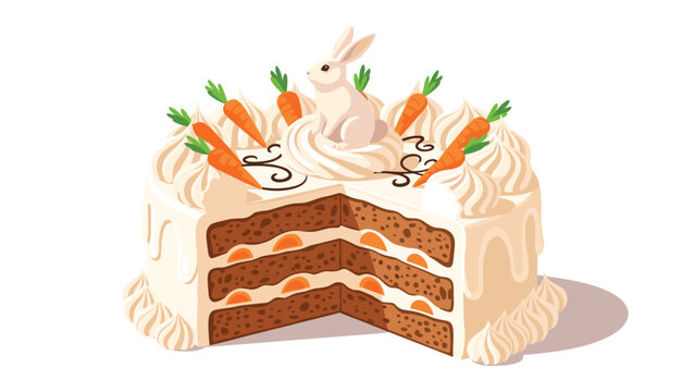 Delicious layered carrot cake with white frosting, mini carrots, and a small bunny topper on white background.