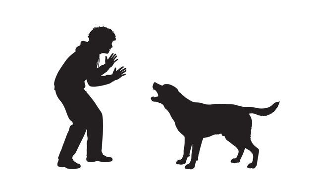 Dog barking at frightened man silhouette, aggressive pet confrontation scene with defensive posture, fear and danger concept, black shapes isolated on white