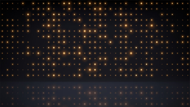 Flashing gold background led disco wall lights, stage. Golden glowing dots light bulbs abstract dark background, backdrop. Bright flicker stage lights. Futuristic dot pattern. Vector illustration