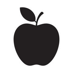 A simple black silhouette depicts a rounded apple with a leaf